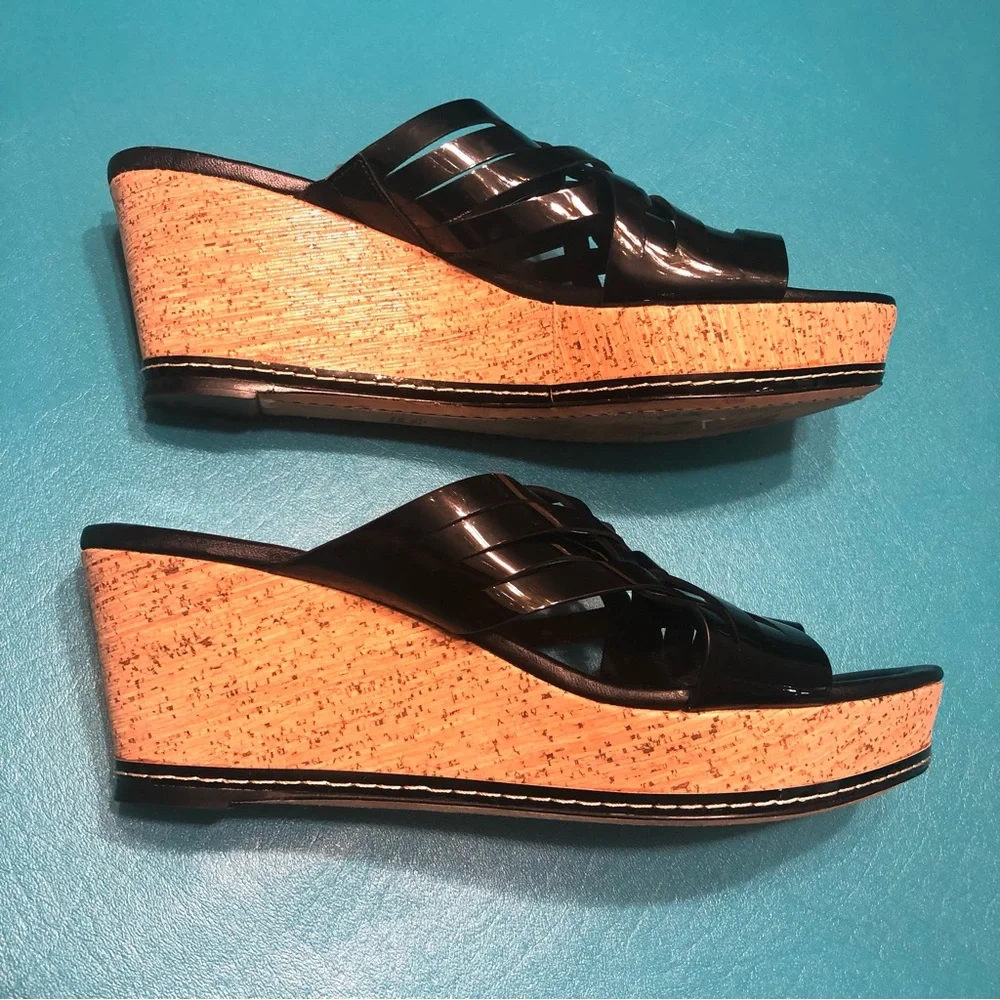 Donald J. Pliner Black Woven Leather Cork Wedge Sandals